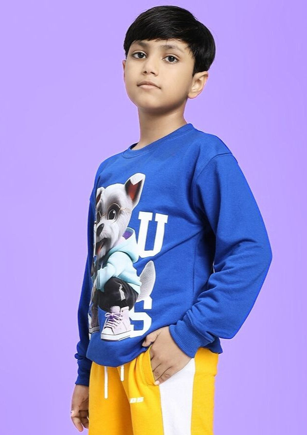 Boy wearing COOL PUP SWEATSHIRT FOR BOYS AND GIRLS ROYAL BLUE with dog print, vibrant style for active kids