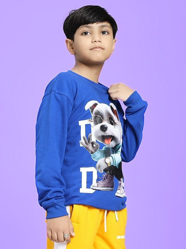 Child wearing COOL PUP SWEATSHIRT FOR BOYS AND GIRLS ROYAL BLUE, featuring a cute dog design, perfect for fashionable and active kids.