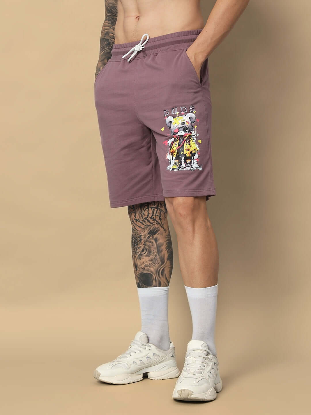 COOL TEDDY regular fit shorts in Chinese Violet, featuring playful design and comfortable fit, ideal for customizable sizing options.