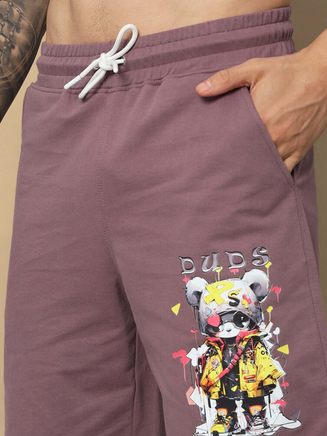 Close-up of COOL TEDDY regular fit shorts in Chinese violet, featuring a playful teddy bear design, available with customizable sizing options.