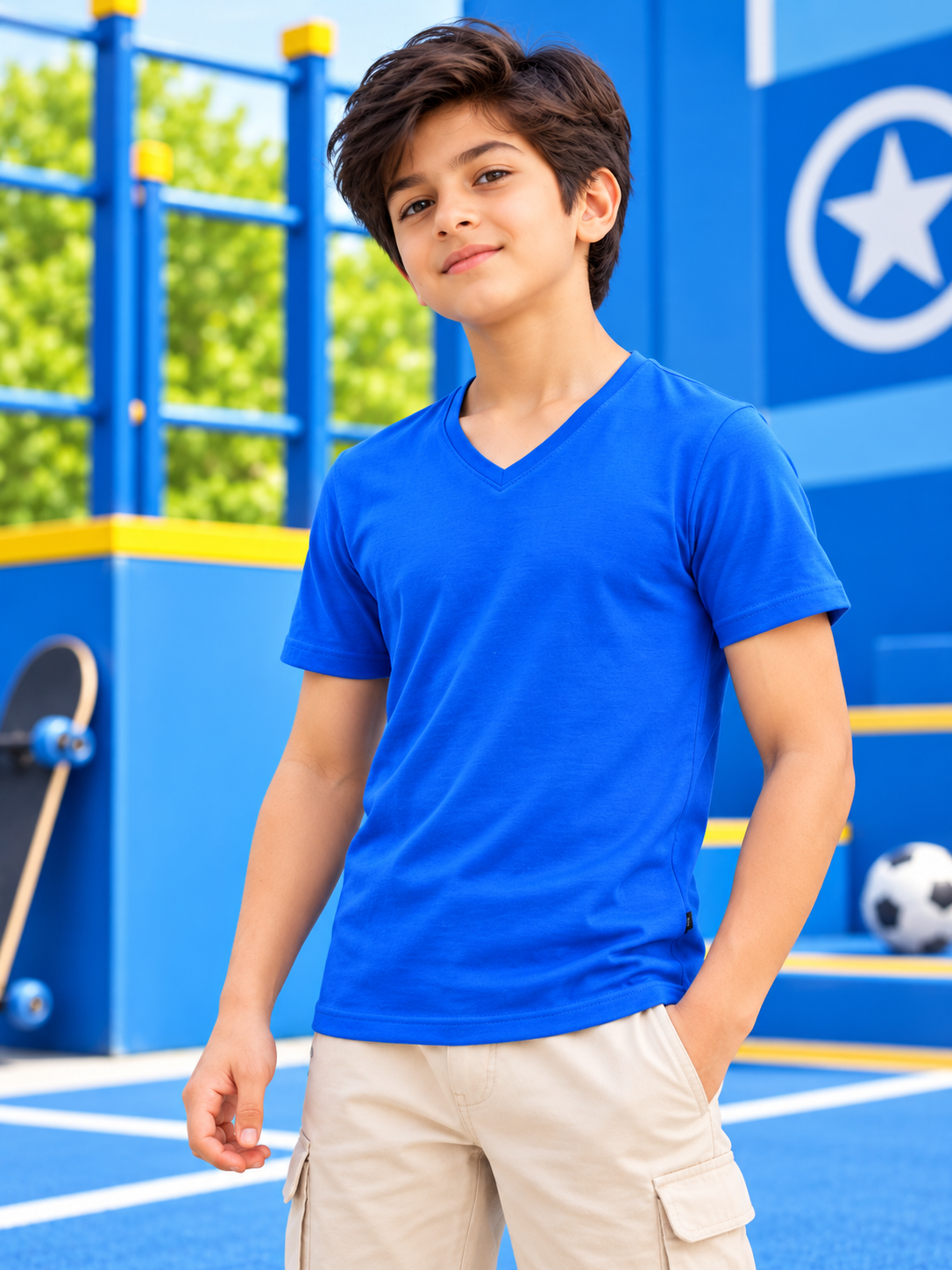 CORE SHORT REGULAR FIT T-SHIRT FOR BOYS GIRLS ROYAL BLUE worn by boy on playground