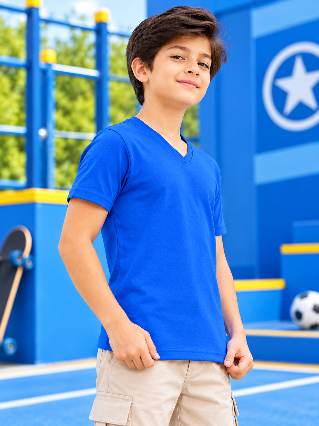 CORE SHORT REGULAR FIT T-SHIRT FOR BOYS GIRLS ROYAL BLUE worn by smiling boy outdoors