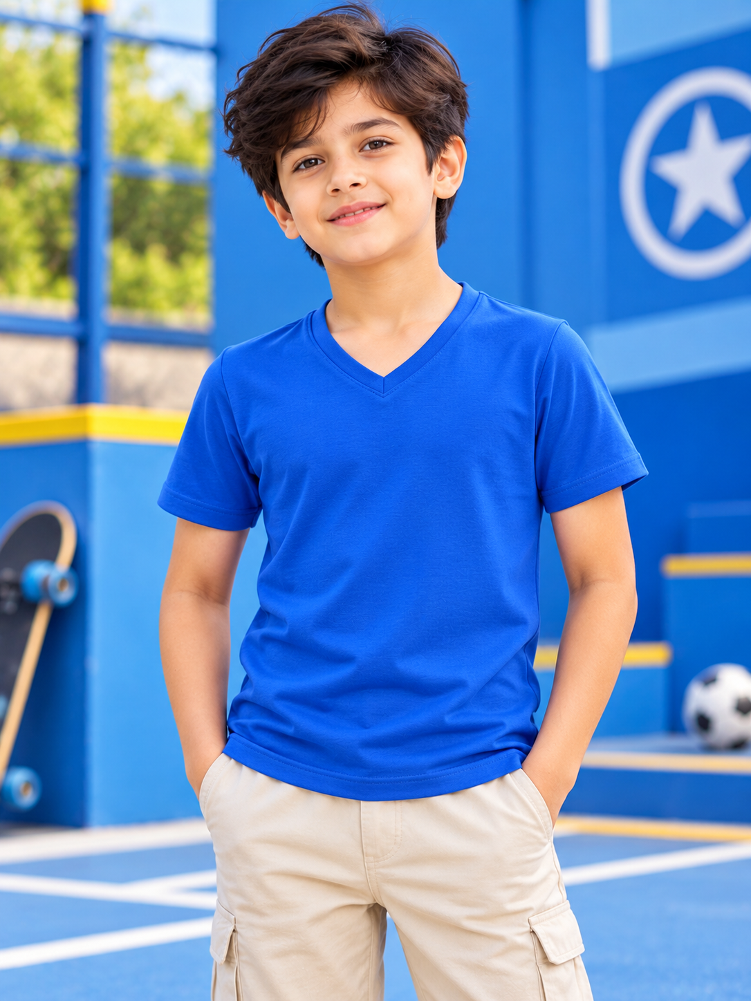 CORE SHORT REGULAR FIT T-SHIRT FOR BOYS GIRLS ROYAL BLUE worn by smiling boy outdoors on sports court