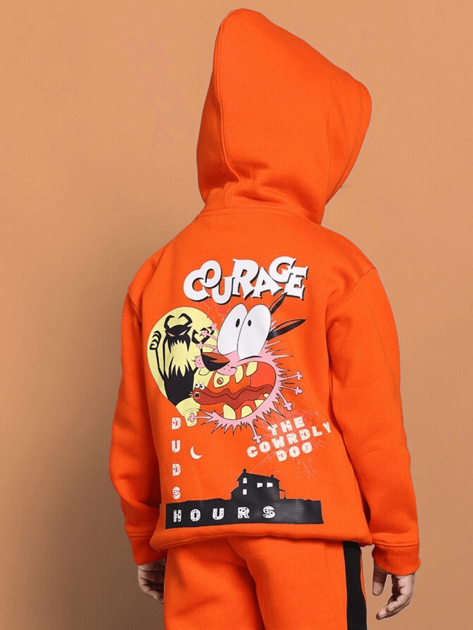 Child wearing Courage Oversized Hoodie Boys & Girls Orange with graphic back design, inspiring confidence and energy.