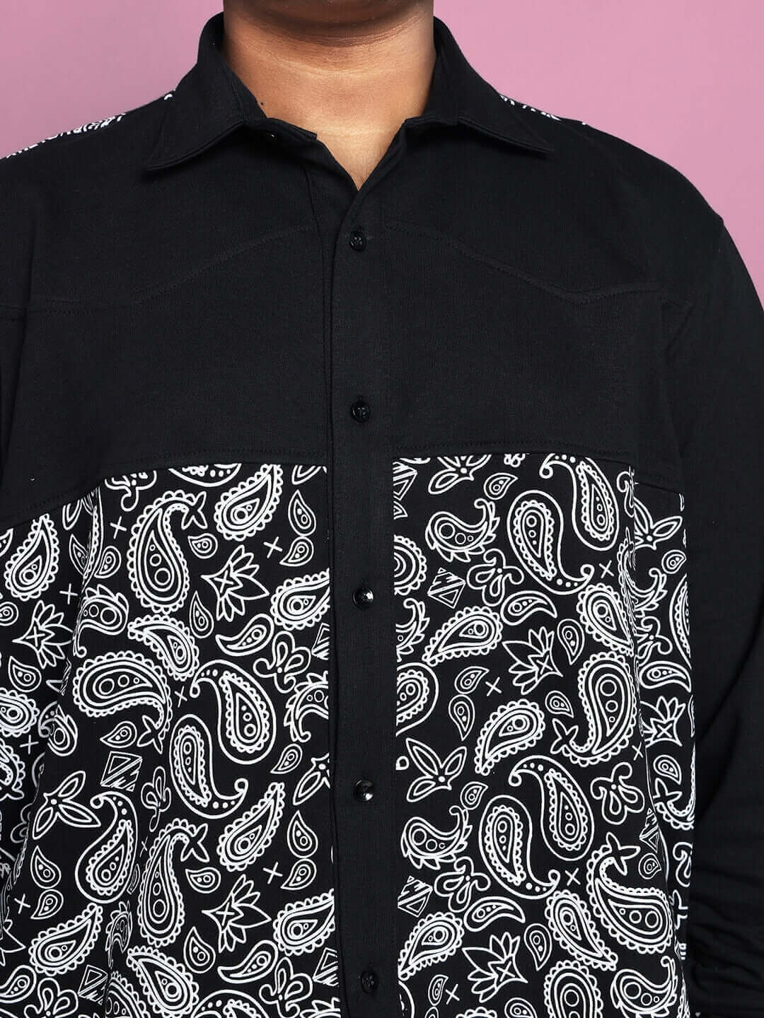 Close-up of COVE black co-ord set featuring premium cotton fabric with paisley design, perfect for stylish and comfortable wear.