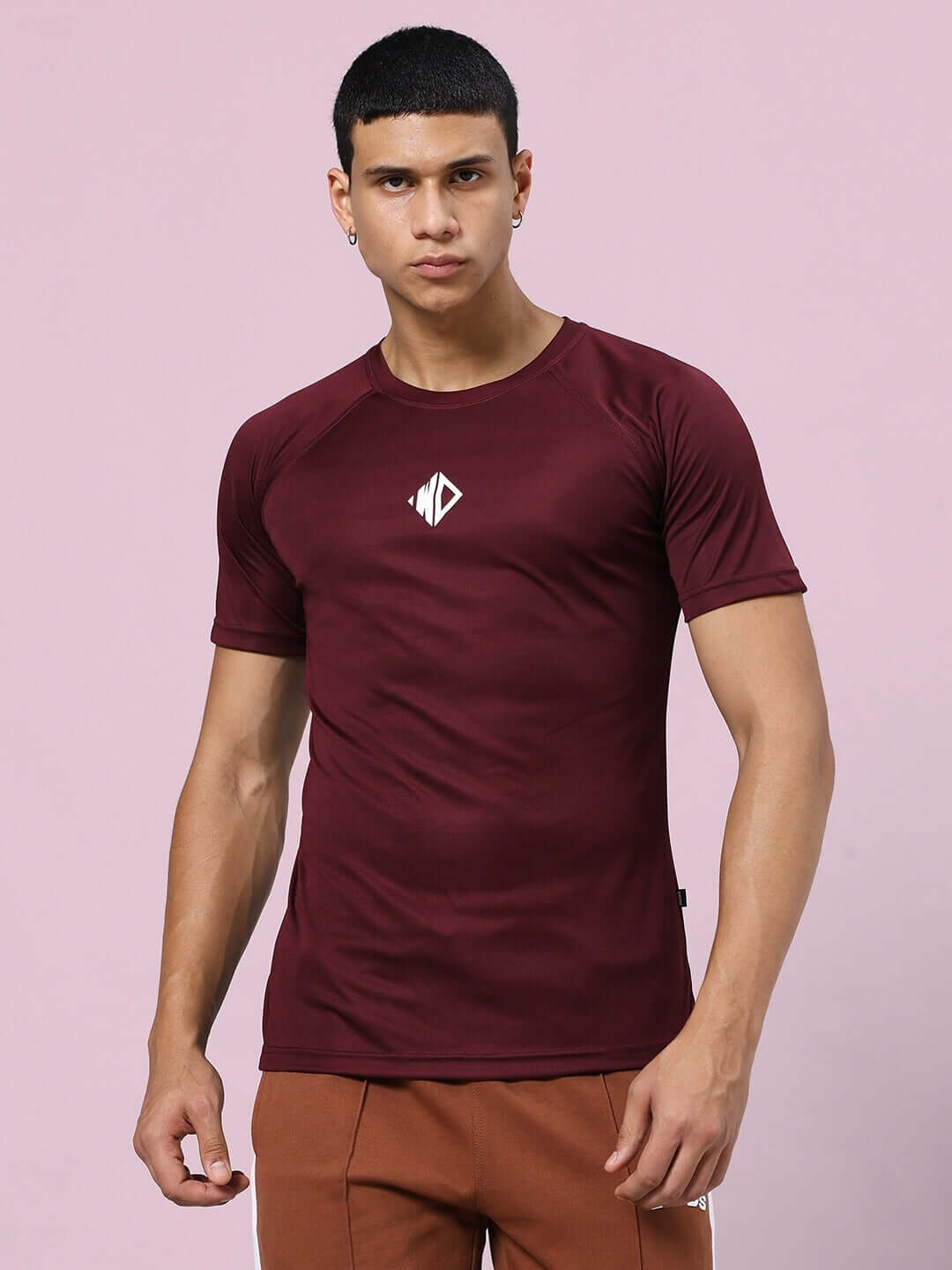 CRISTINIO maroon regular fit t-shirt, sports polyester for men, front view highlighting design, perfect for casual wear.