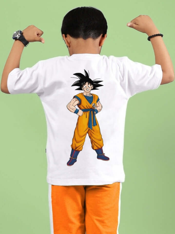 Child wearing white crossover T-shirt featuring animated character on the back, suitable for boys and girls.