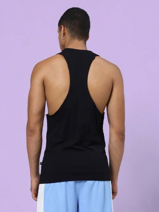 Back view of a man wearing a black Crunch Gym T-shirt, perfect for workouts, customizable size options available for tailored fit.