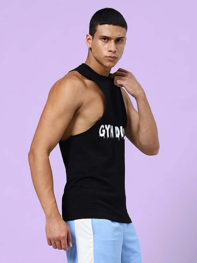 Model wearing black CRUNCH GYM T-shirt; customizable size; ideal for fitness enthusiasts.