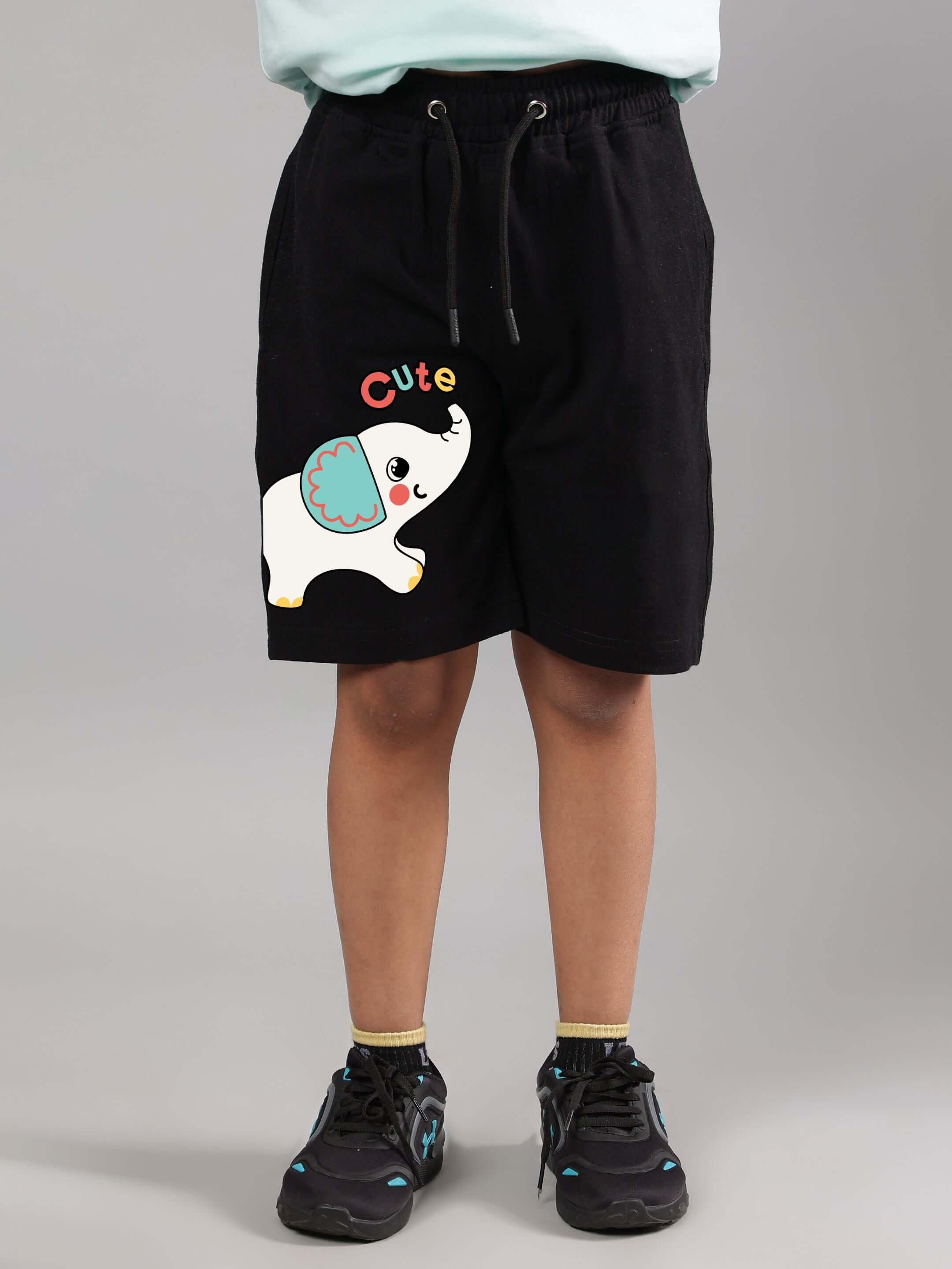 Black elephant shorts for kids with cute elephant print, suitable for boys and girls, customizable fit available from DUDS.