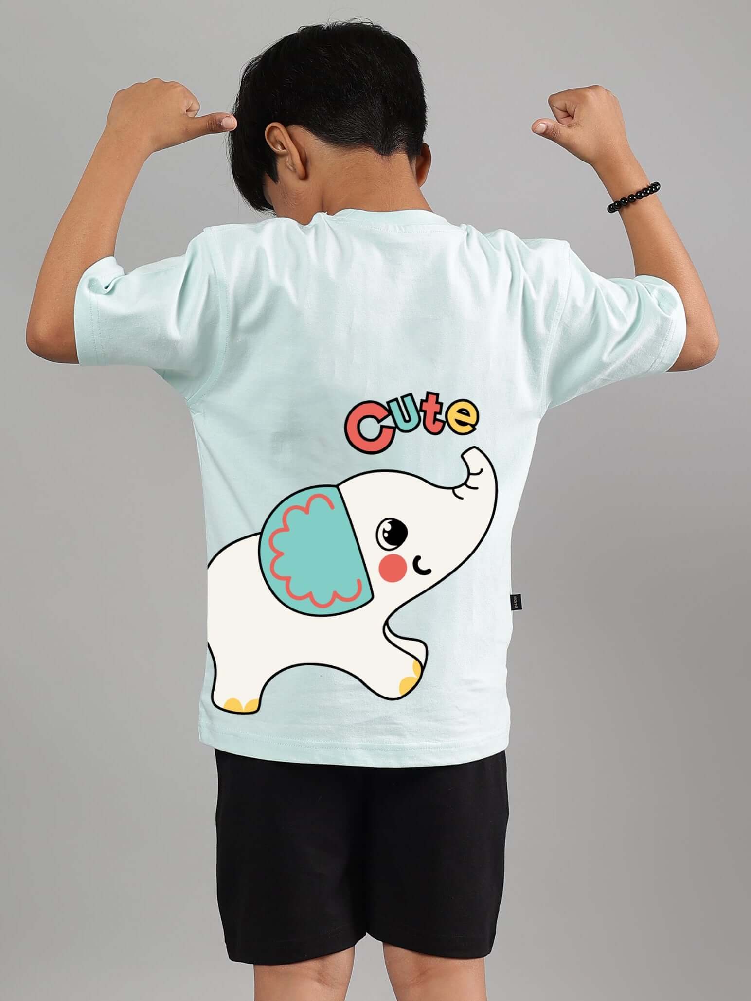 Sky blue t-shirt for boys and girls featuring a cute elephant design on the back, perfect for casual wear.