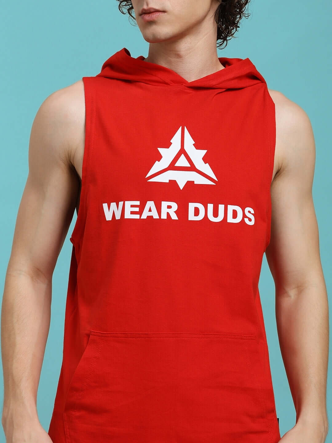 CYBRAN GYM HOODED T-SHIRT - RED worn by a model, showcasing athletic and stylish design, perfect for workouts and everyday wear.