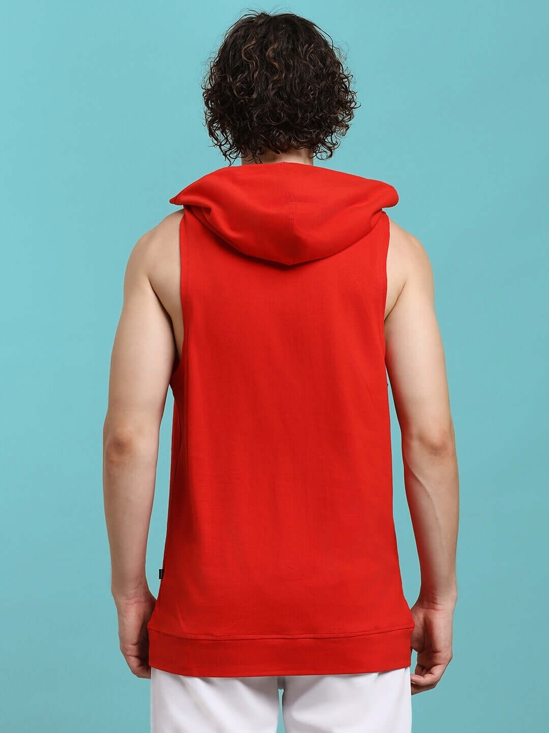 Back view of CYBRAN GYM HOODED T-SHIRT - RED showcasing street-ready style and athletic fit for versatile activewear.