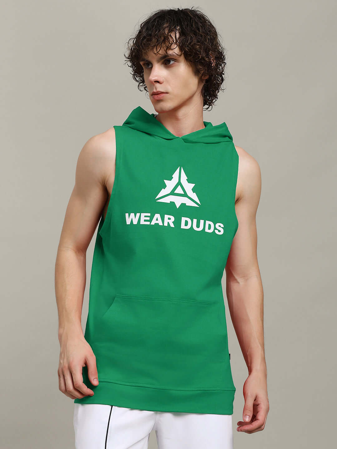 Model wearing green CYBRAN gym hooded t-shirt with 'WEAR DUDS' logo, customizable size option available.
