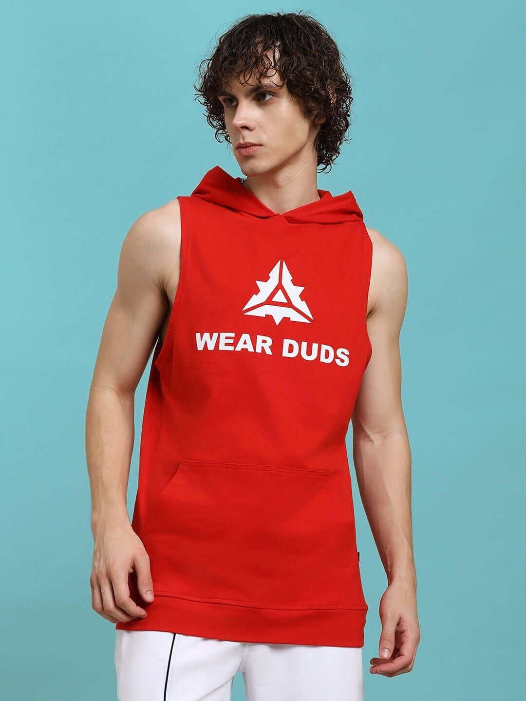 Model wearing red Cybran gym hooded T-shirt with Wear Duds branding, offering custom fit options.