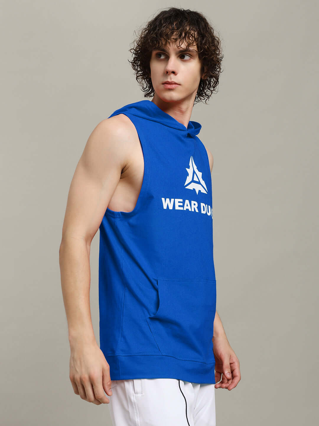 CYBRAN GYM HOODED T-SHIRT BLUE worn by model, showcasing vibrant streetwear style and functionality for active users.