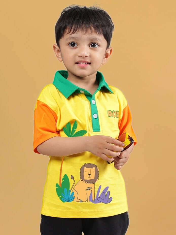 Child wearing DIBRU OVERSIZED T-SHIRT FOR BOYS & GIRLS YELLOW with playful animal print and colorful sleeves.