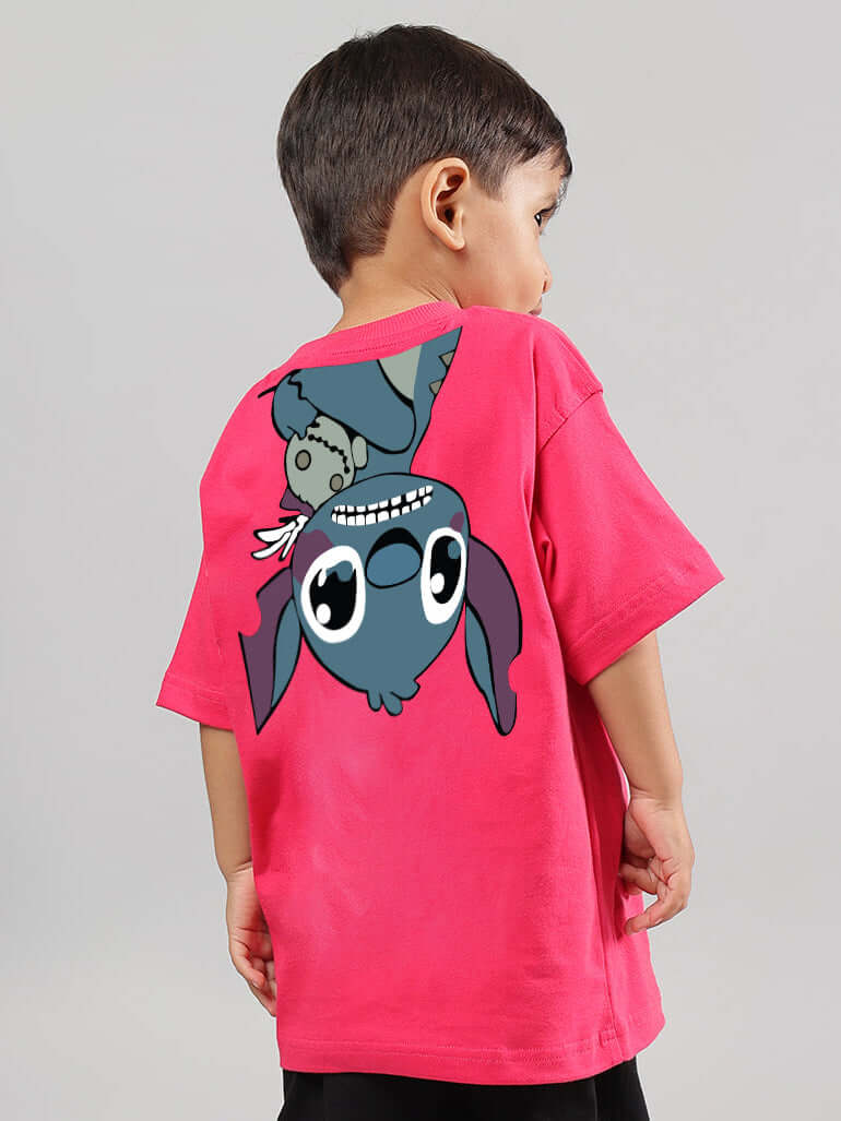 Child wearing Disney Lilo oversized pink T-shirt with character graphic, suitable for boys and girls, customizable fit available.