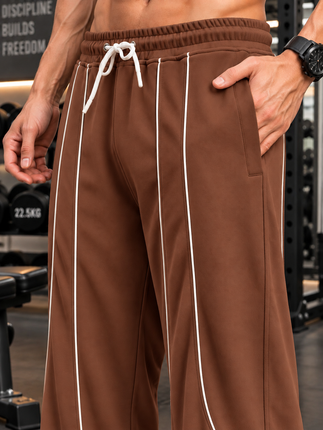 DRAWSTRING FIT COTTON TERRY JOGGERS BROWN worn by man in gym with striped detailing and side pockets