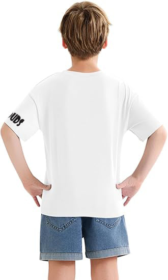 Child wearing DUCK FACE T-SHIRT FOR BOYS AND GIRLS WHITE, back view, paired with denim shorts, perfect for playful and expressive kids fashion.