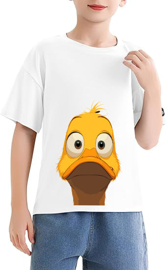 Boy wearing DUCK FACE T-SHIRT FOR BOYS AND GIRLS WHITE with duck graphic, ideal for fun kid's fashion.