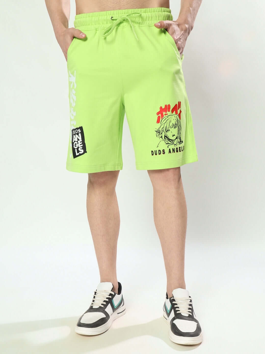 Neon green anime girl print shorts from DUDS, featuring regular fit and custom size option available.