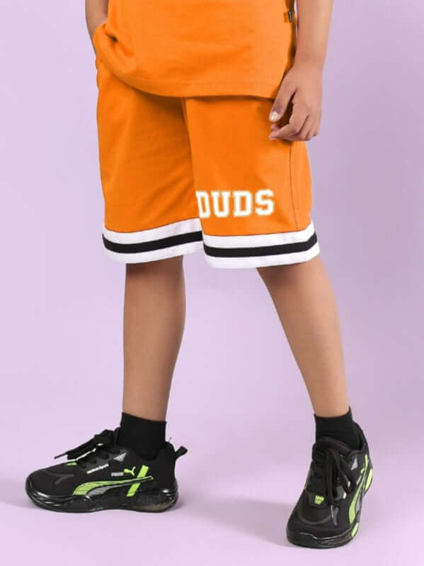 DUDS CHICAGO SHORTS FOR BOYS & GIRLS ORANGE, comfortable and stylish orange shorts with black and white detailing.