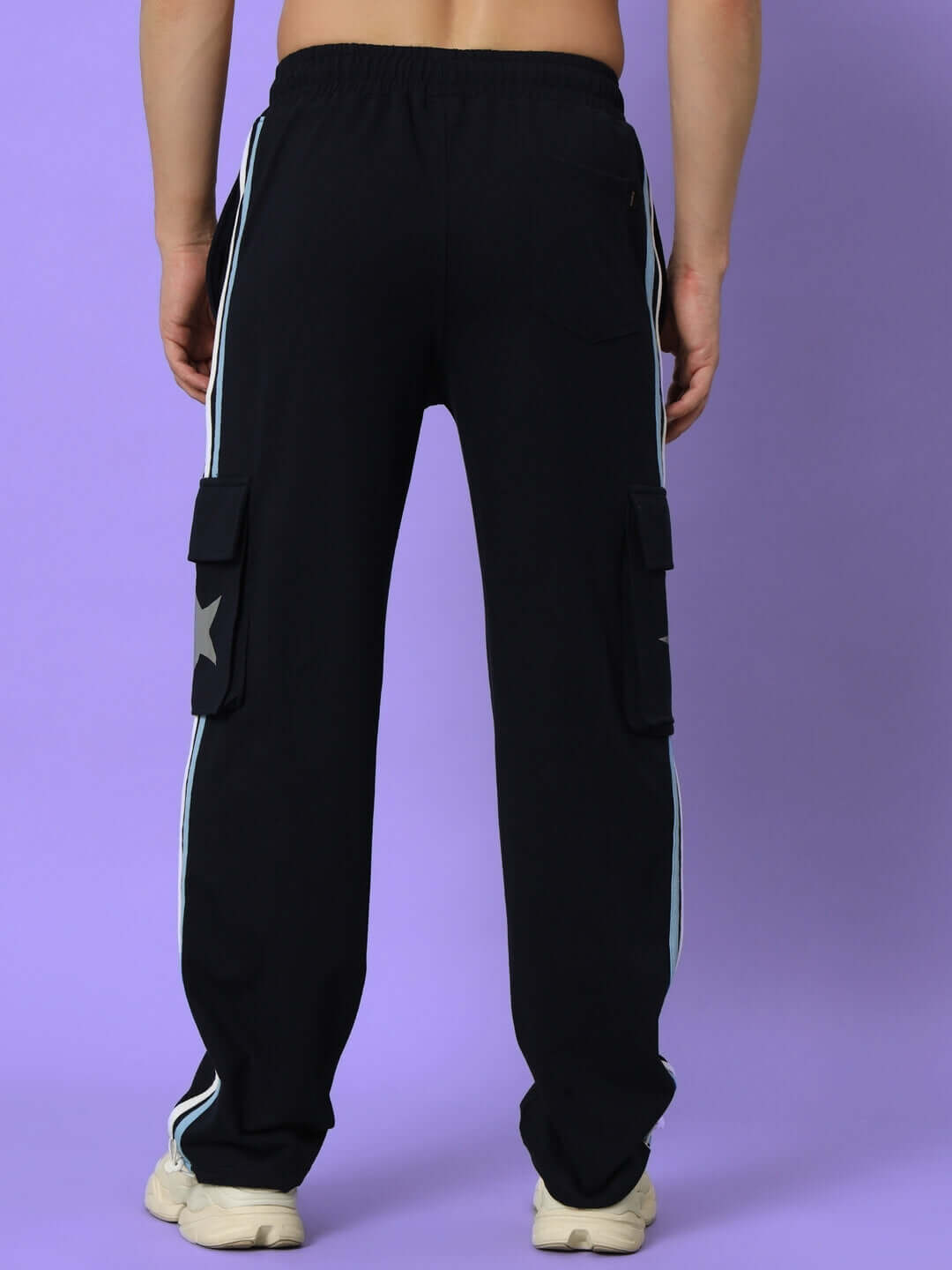 Back view of navy blue DUDS FORCE joggers with side stripes and cargo pockets, showcasing a comfortable and stylish design.