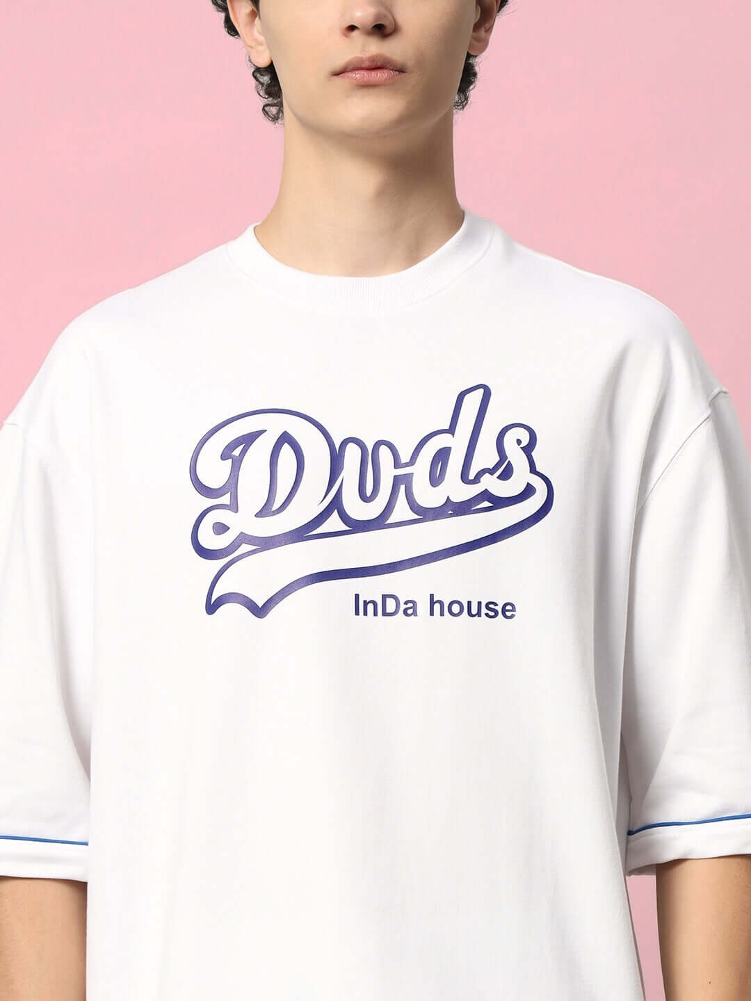 White Duds InDa House t-shirt with colorblock design, made from premium cotton French terry lycra. Ideal for stylish casual wear.