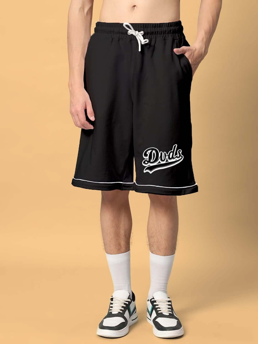 Black men's shorts from Duds In Da House Colorblock Co-Ord Set, featuring premium cotton and elastane blend, perfect for casual wear.