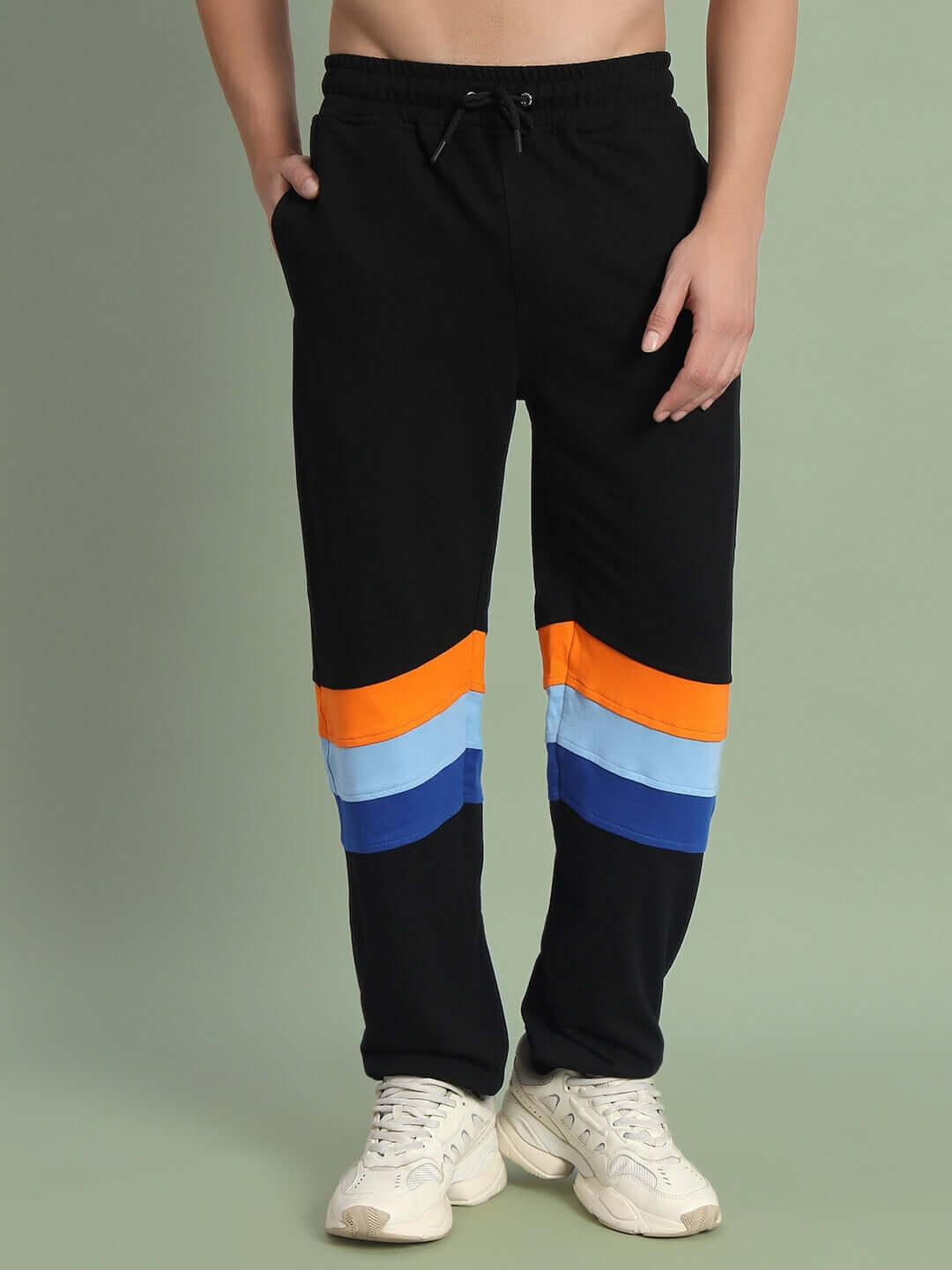 Black DUDS Jasper Joggers with colorful stripe detailing, made-to-order by experienced tailors, customizable fit available.
