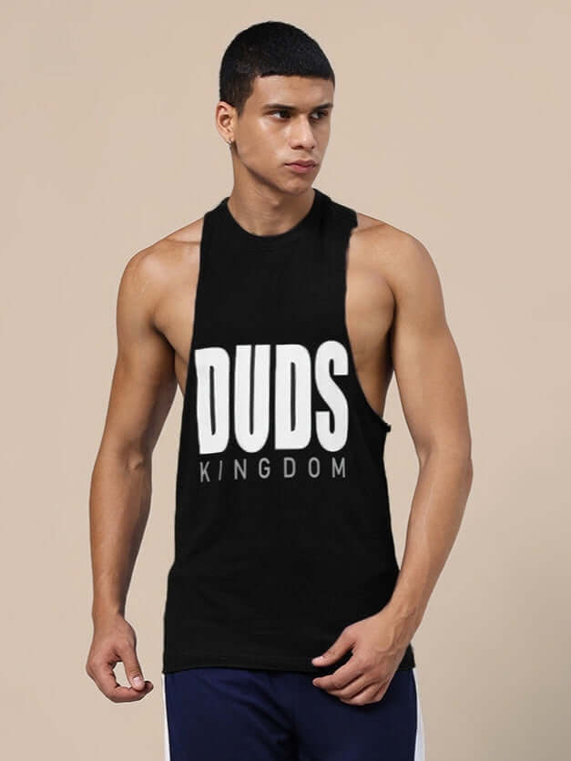 DUDS KINGDOM Gym T-Shirt in black, featuring sleeveless design for custom fit and comfort, ideal for workouts and casual wear.