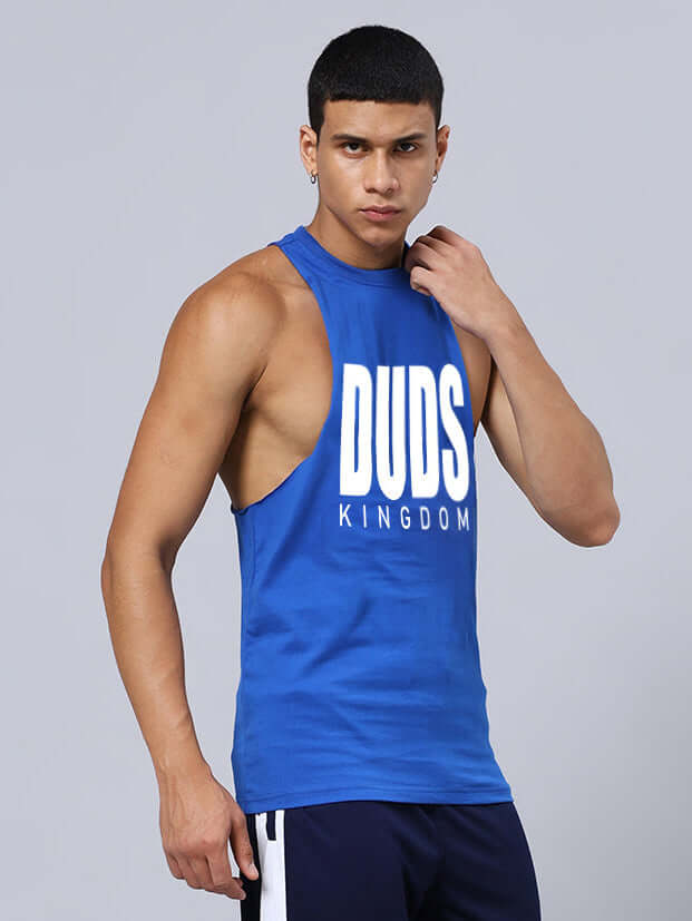 Athlete wearing DUDS KINGDOM GYM SLEEVELESS T-SHIRT BLUE for intense workouts