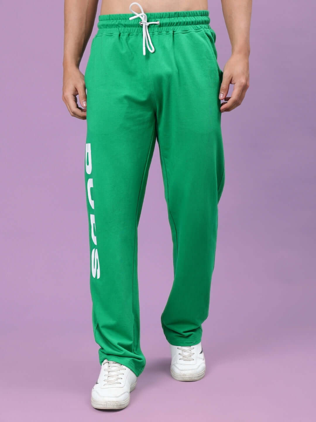 Green DUDS Limited Edition Jogger with white drawstring and logo printed on leg, perfect for a personalized fit.