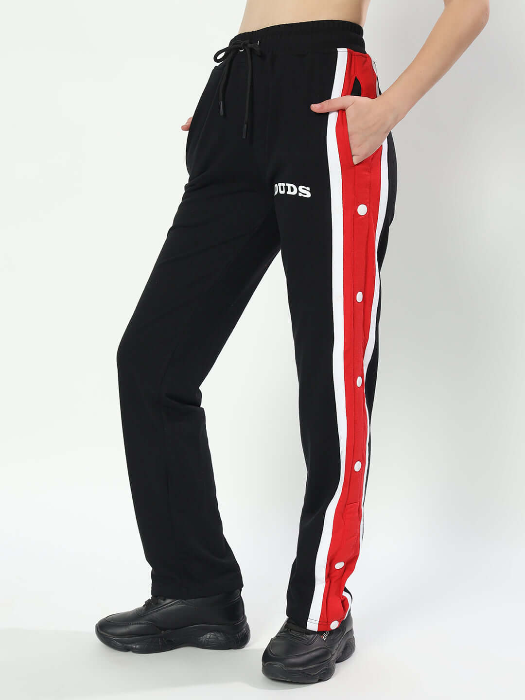 Women's black jogger with red and white stripes, made by DUDS, customizable fit, tailored for comfort and style.