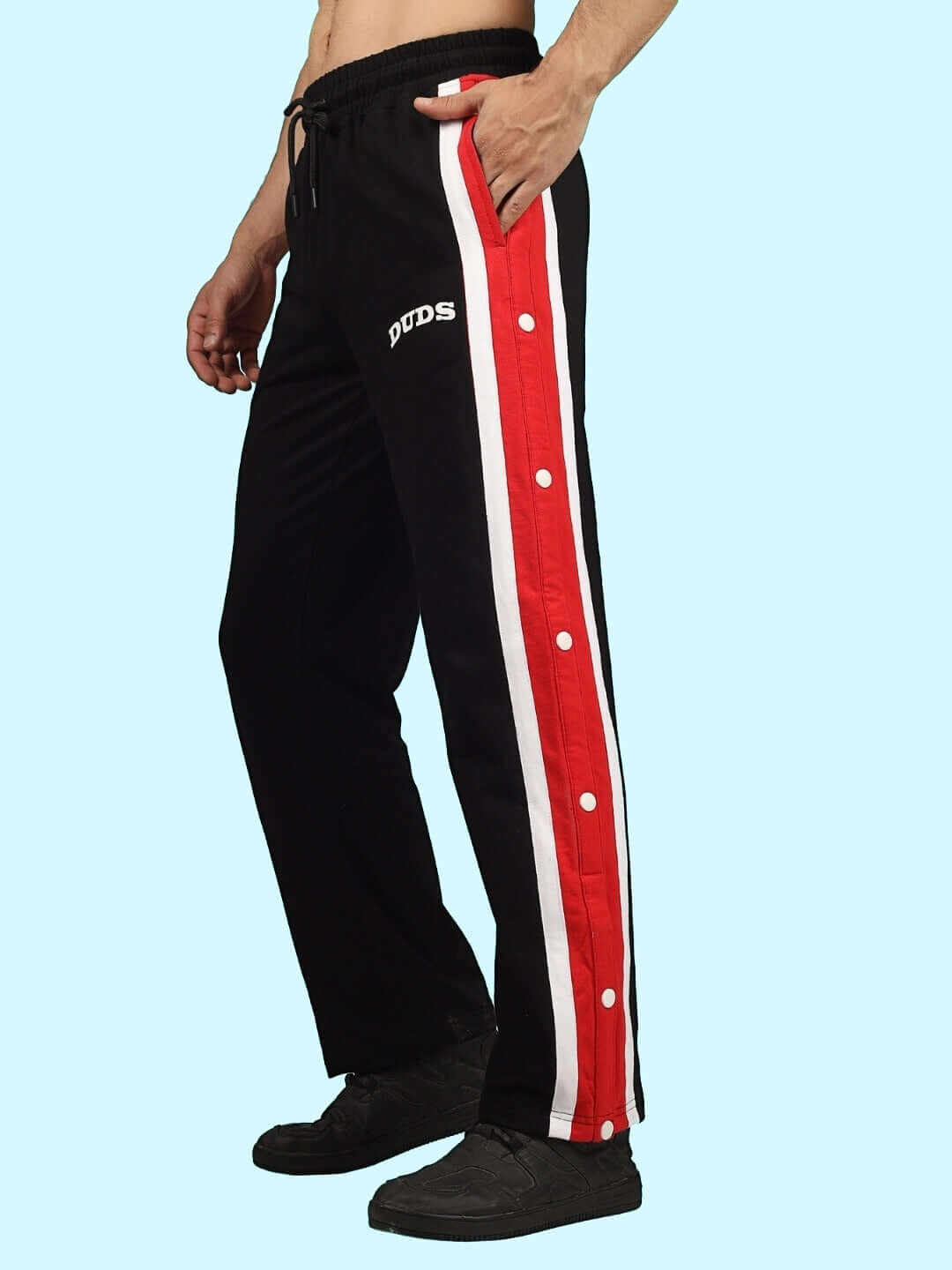 Black DUDS Magician Joggers with side stripes and button design, made to order by expert tailors. Custom Fit option available.