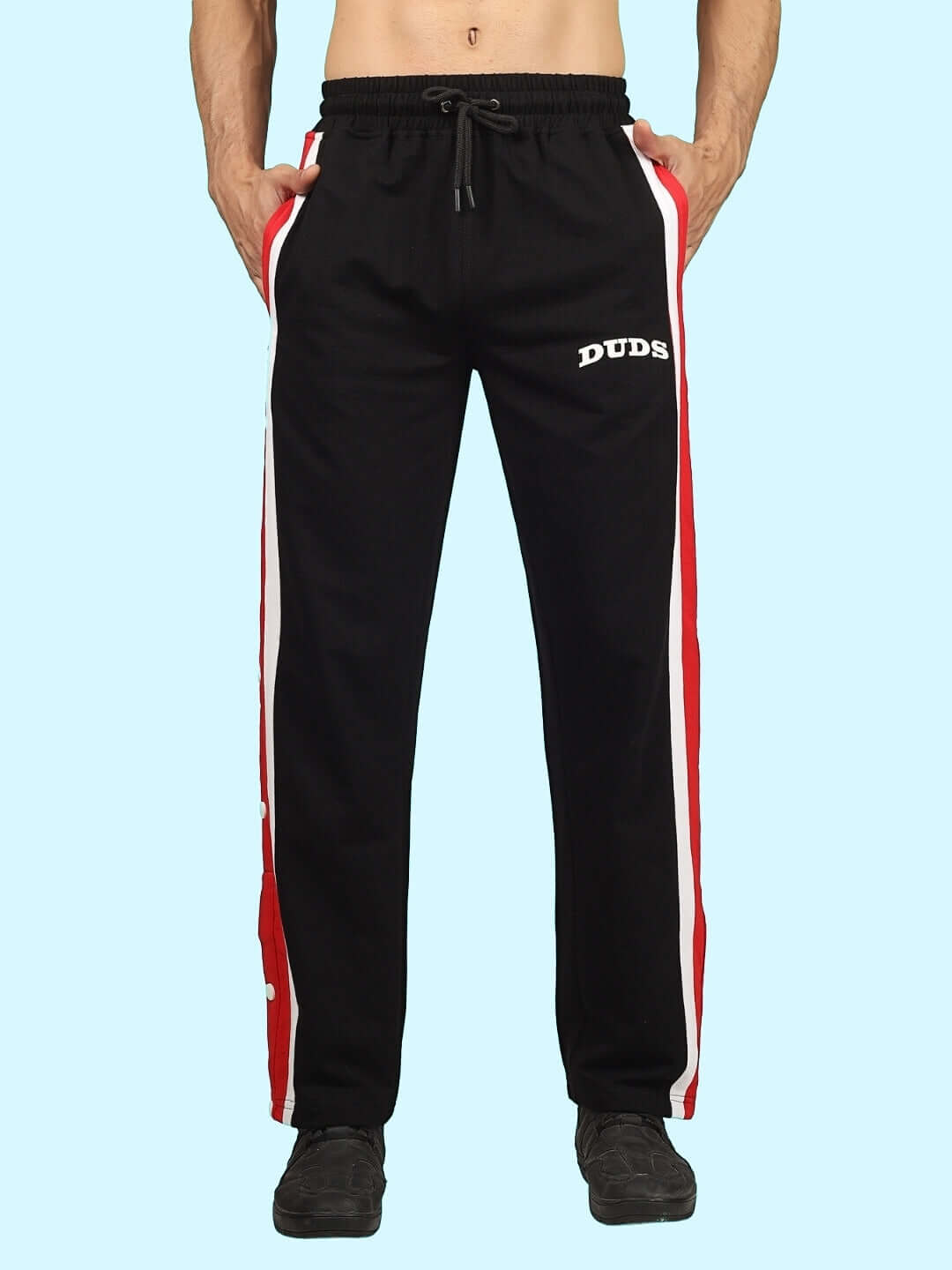 Men's DUDS Magician Black Joggers with Red and White Side Stripes, Custom Fit Option Available, Made to Order by Skilled Tailors