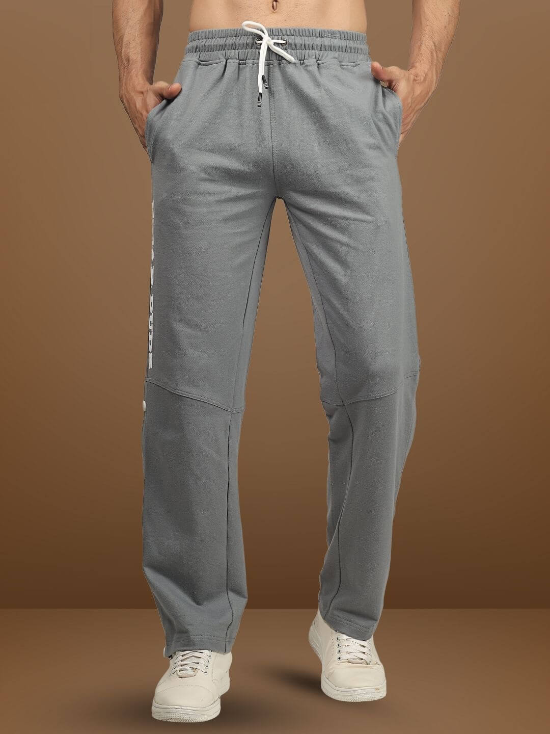 Grey DUDS Racer Joggers with drawstring waist, designed for a comfortable fit. Custom size available. Ideal for casual wear.