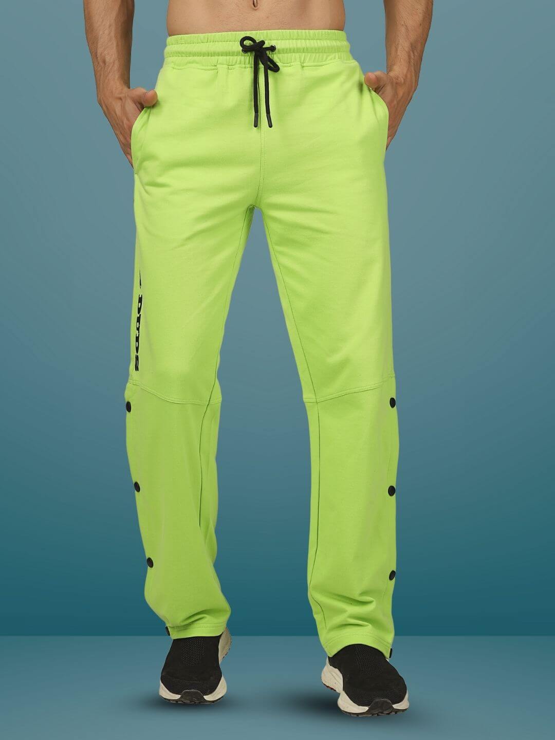 Neon Green DUDS Racer Joggers featuring custom fit option, made to order by skilled tailors. Available for prepaid orders. 7-10 day dispatch.