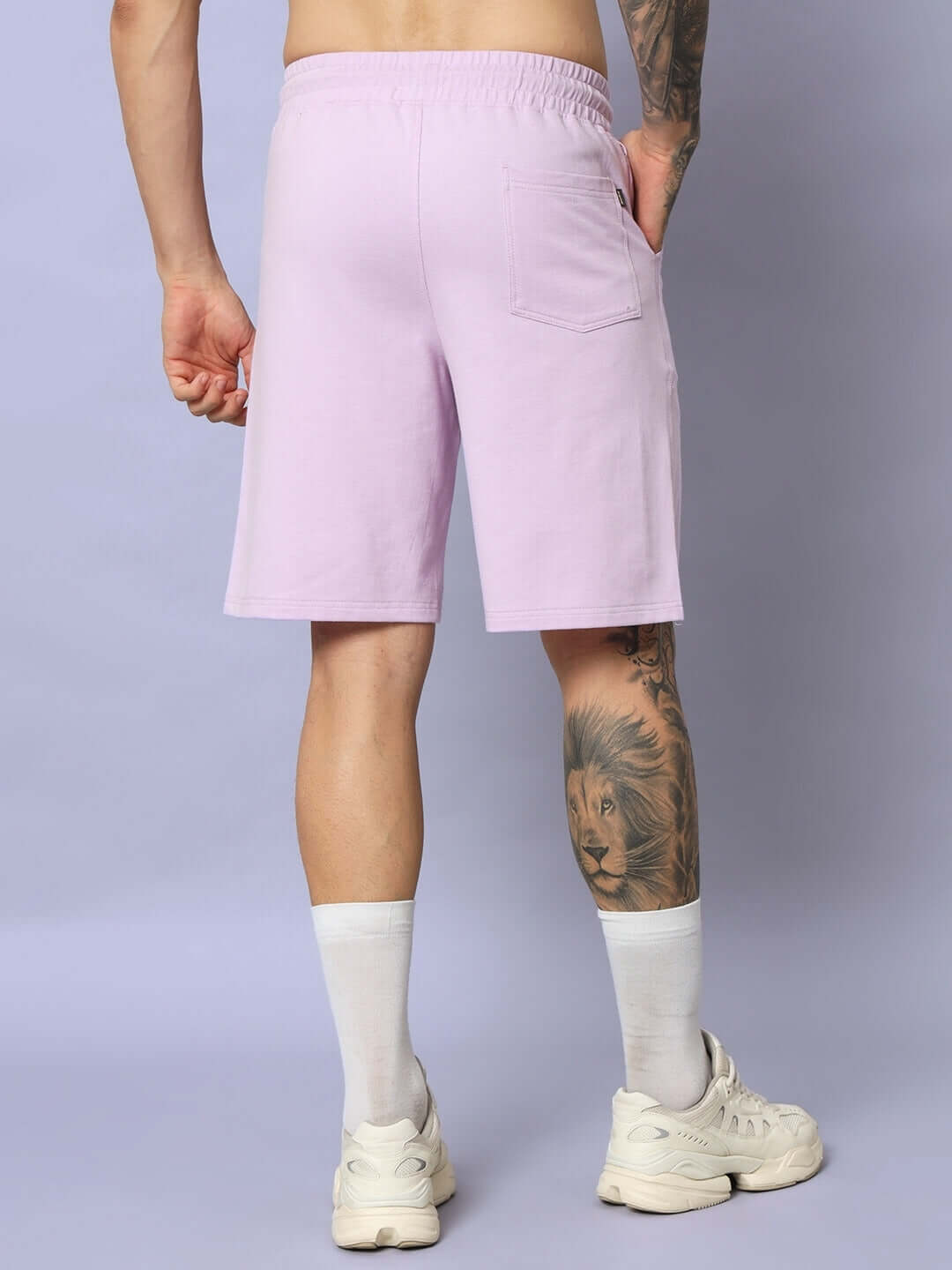 Back view of DUDS Anime Girl lilac regular fit shorts with pocket detail, showcasing comfortable fit and casual style.