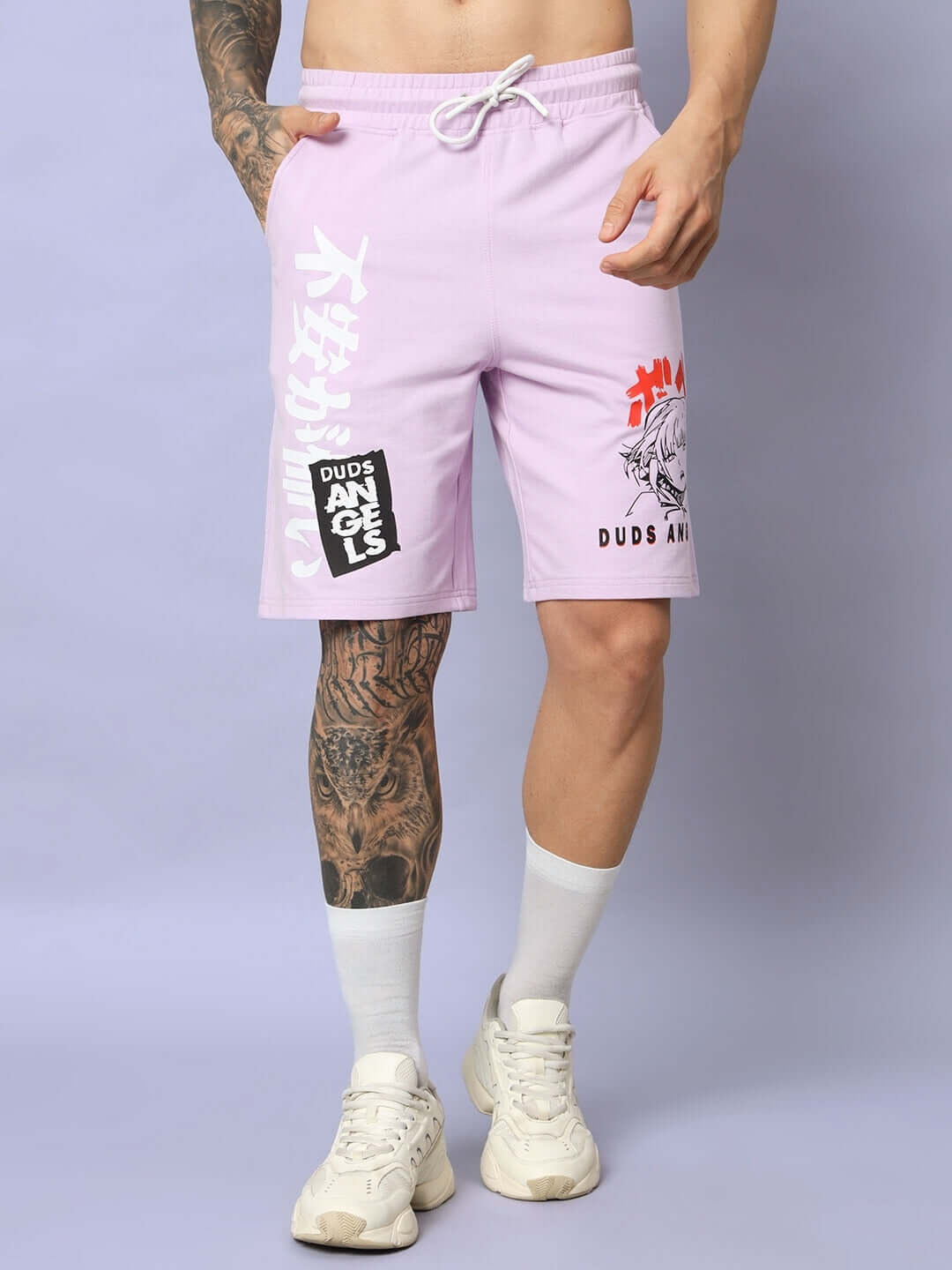 Lilac anime girl shorts by DUDS featuring regular fit, custom size options, and unique artistic prints. Ideal for casual style.