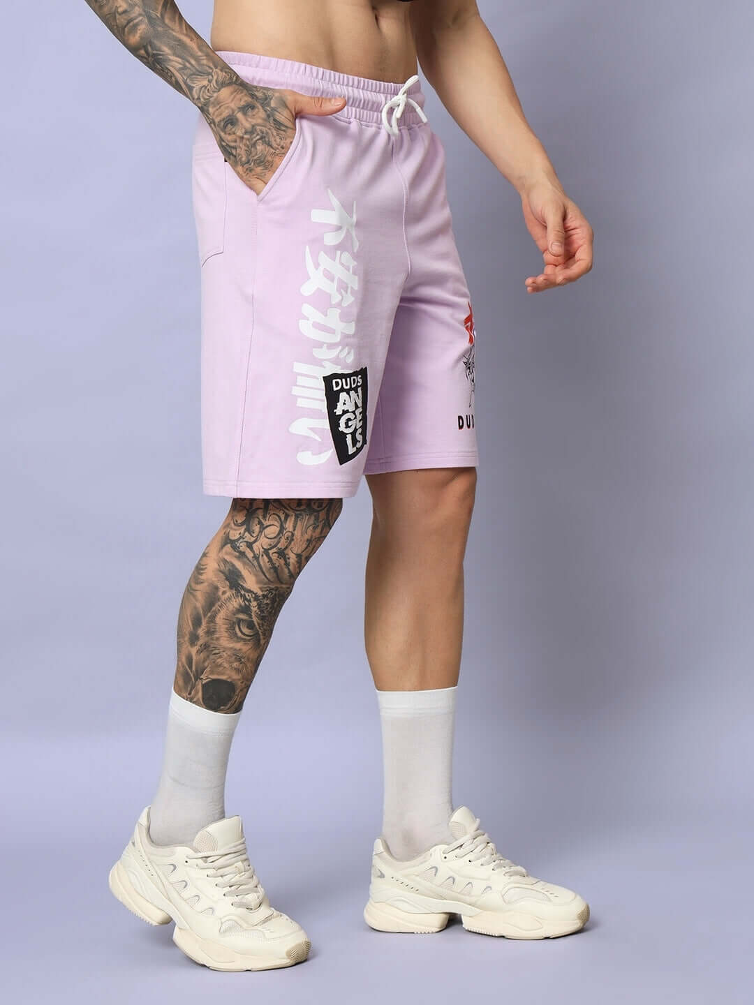 Anime girl lilac shorts by DUDS, featuring a regular fit design with customizable size option, ideal for casual wear.