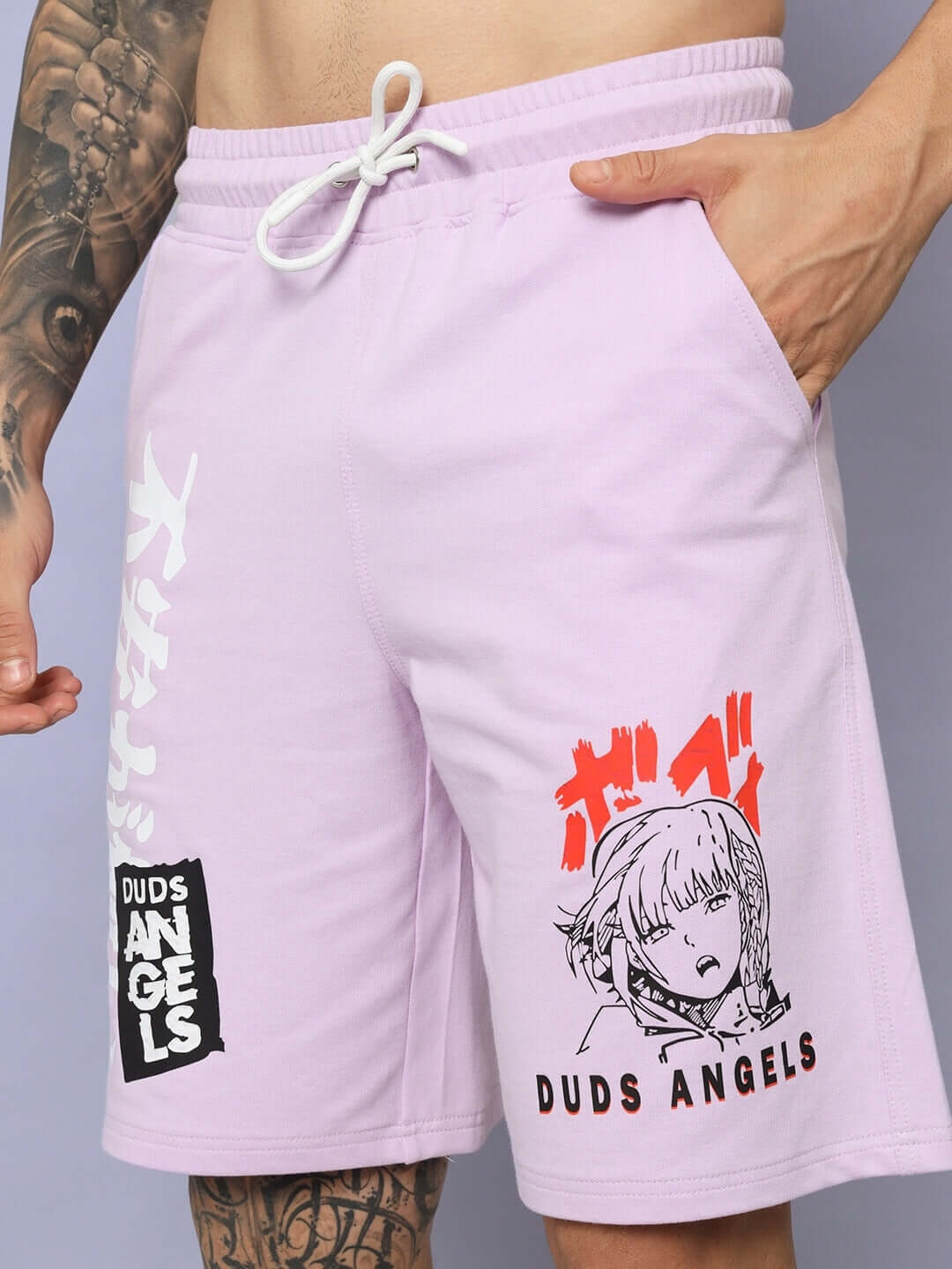 Lilac anime girl regular fit shorts by DUDS featuring bold graphics and custom fit options; perfect for casual, stylish wear.