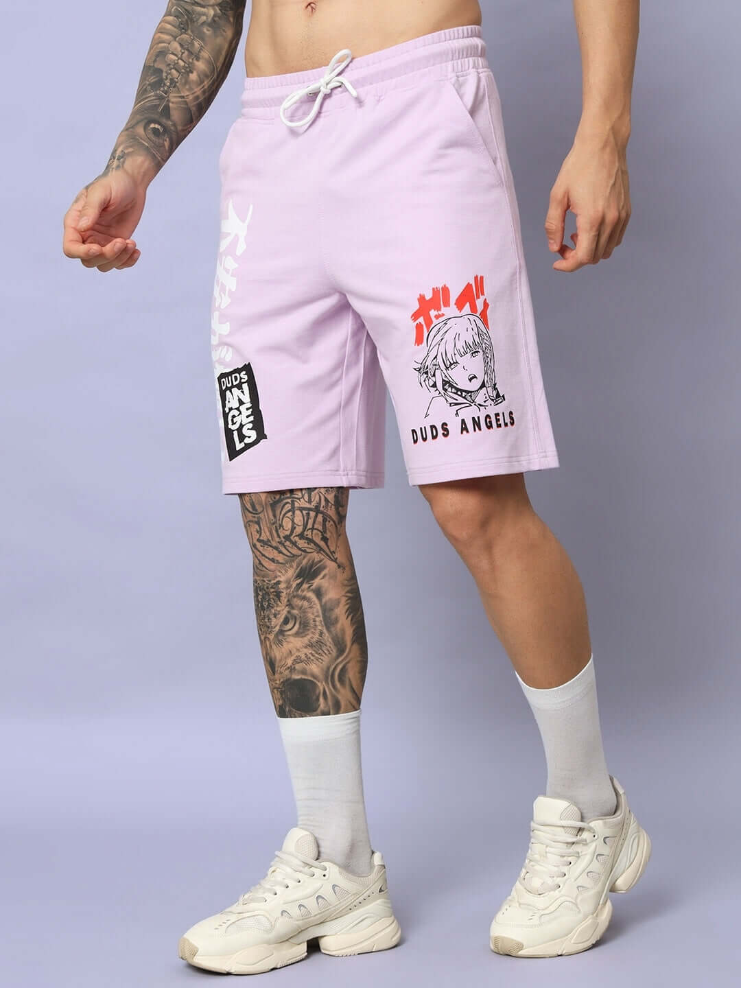 Anime Girl Lilac Regular Fit Shorts by DUDS with custom fit option and artistic design, perfect for personalized summer style.