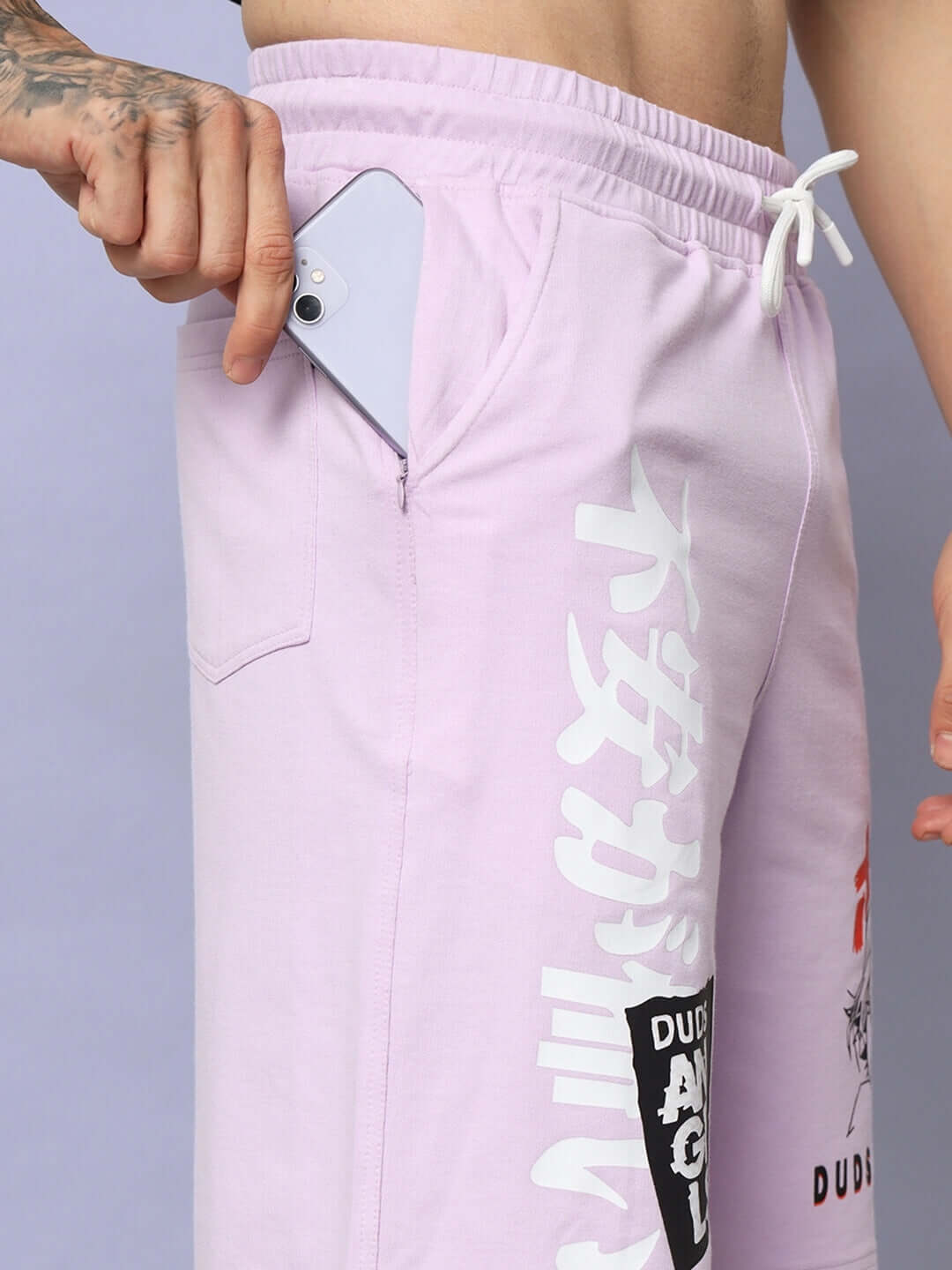 Lilac anime girl regular fit shorts with phone pocket detail from DUDS.