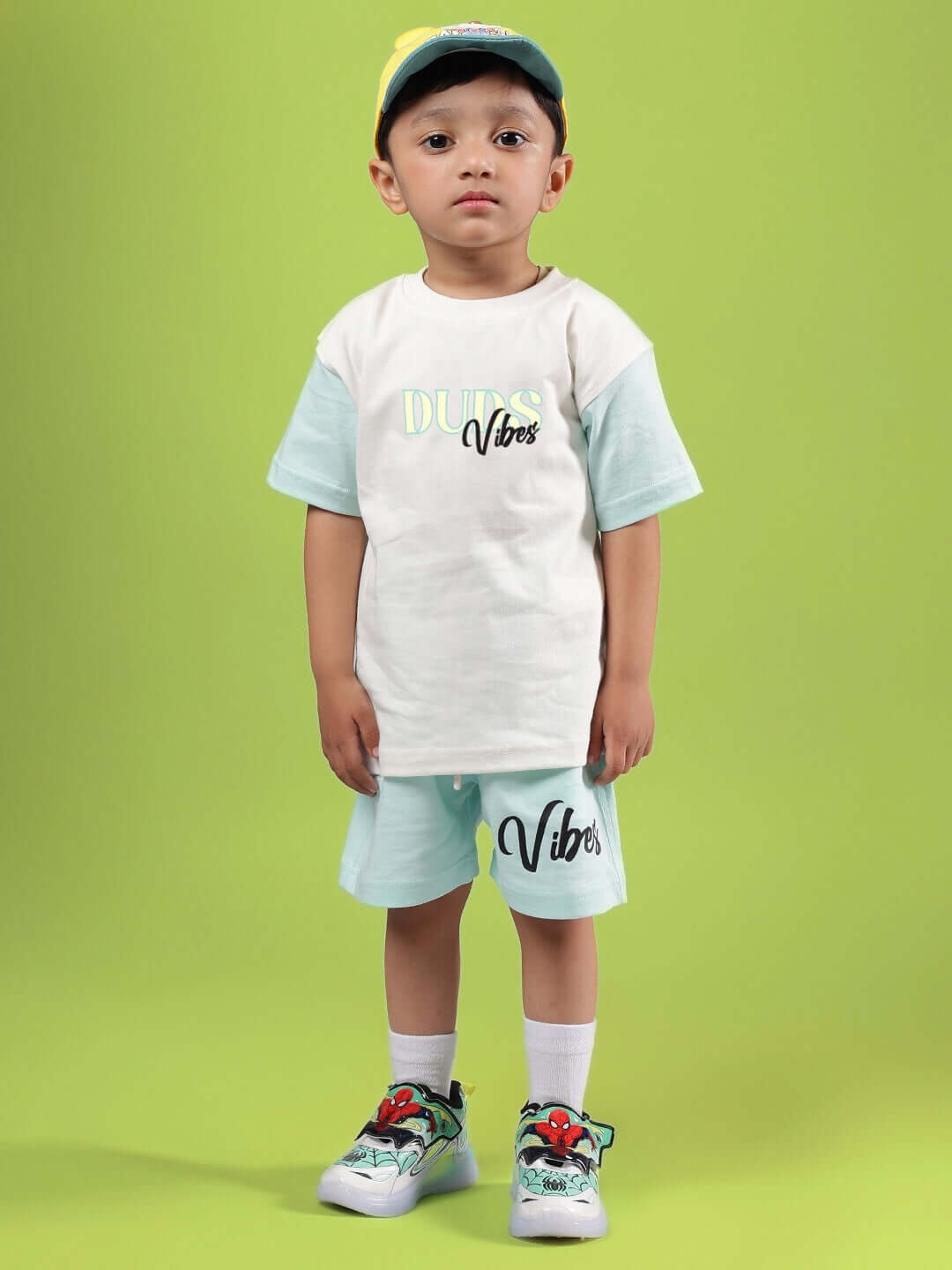 DUDS VIBES CO-ORD FOR BOYS & GIRLS OFF WHITE-BLUE outfit worn by a child, made to order with custom fit options available.