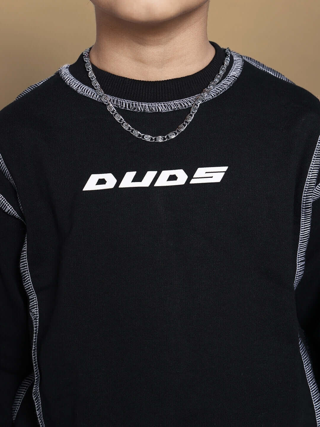 Dynamic oversized co-ord set in black with chain detail, unisex relaxed fit for boys and girls, premium cotton blend, by Duds.