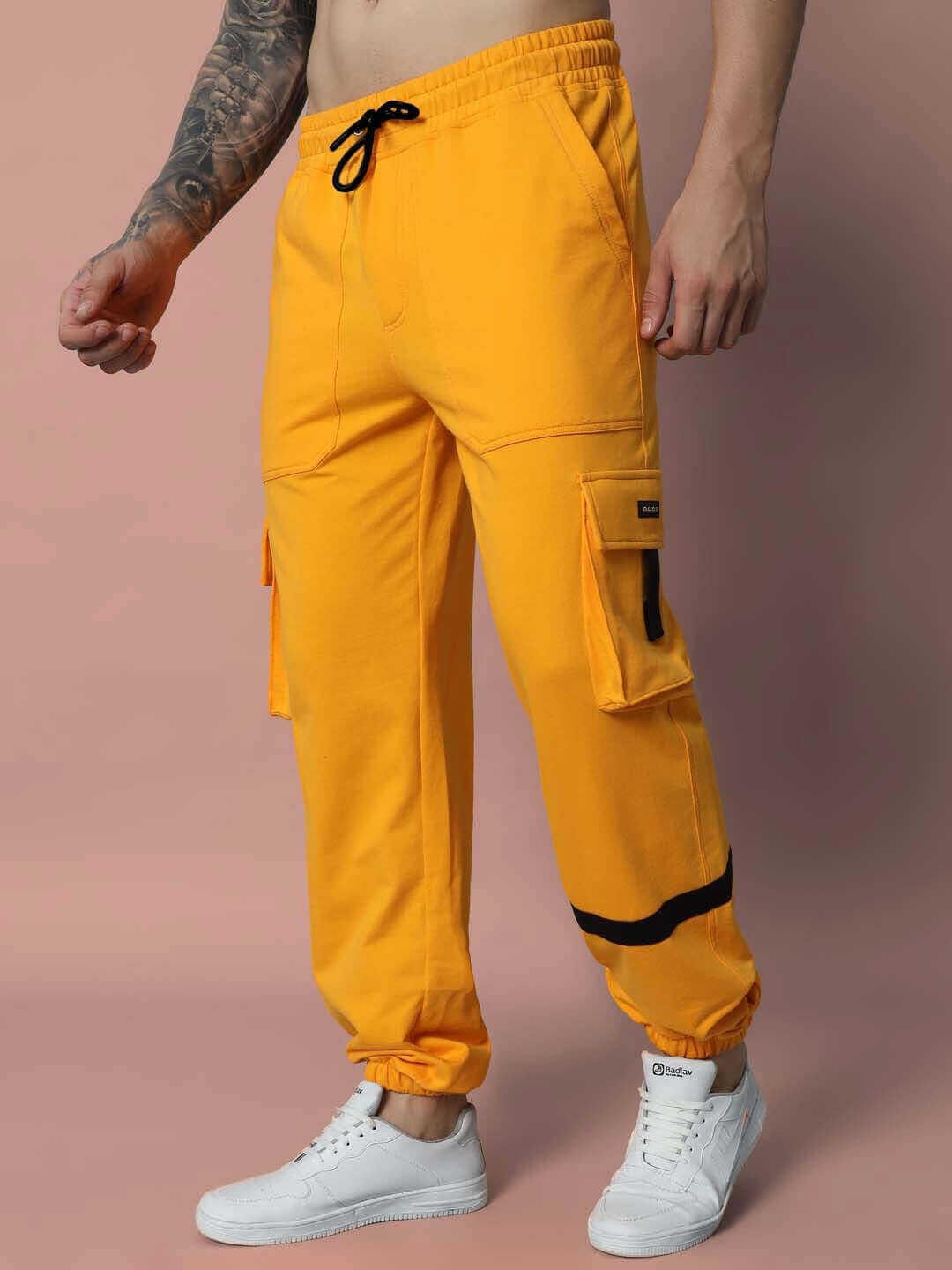 Yellow relaxed fit cargo pants by EDIFICE, featuring customizable size options and made-to-order craftsmanship.