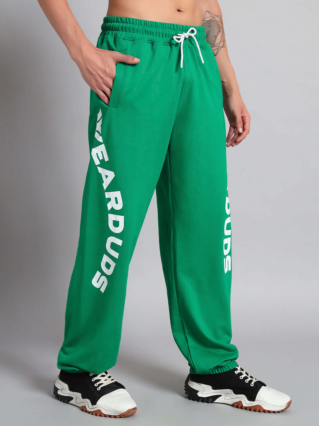 ELLEN RELAXED FIT JOGGER GREEN with side text detail, made to order with custom fit options. Green joggers for comfort and style.