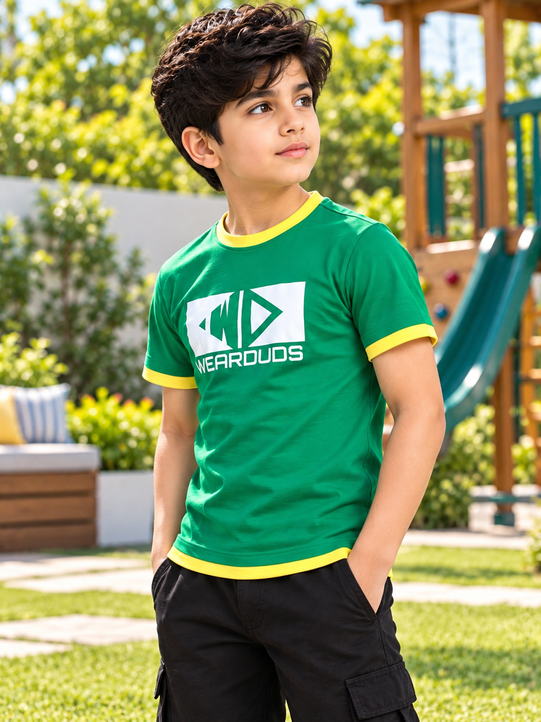 ELMER REGULAR FIT T-SHIRT FOR BOYS GIRLS GREEN worn by a boy outdoors near a playground